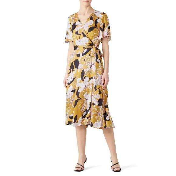 Slate & Willow Dark Yellow Mod Daisy Wrap Midi Dress $297 - Picture 3 of 11